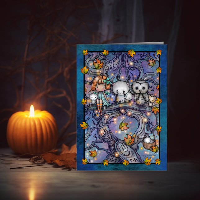 Cartão de Arte de Corujas e Gatos Fadas do Hallowe (Criador carregado)