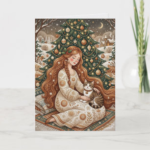 Cartão de Arte de Gata de Natal Caprichosa e Donze