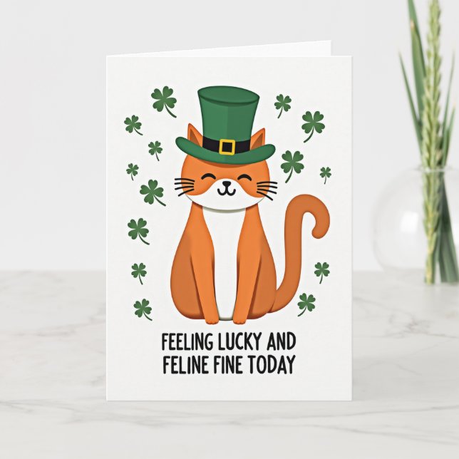 Cartão de Arte de Gato Leprechaun Sortudo (Frente)