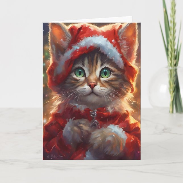 Cartão de Arte de Kitten Feliz de Natal (Frente)