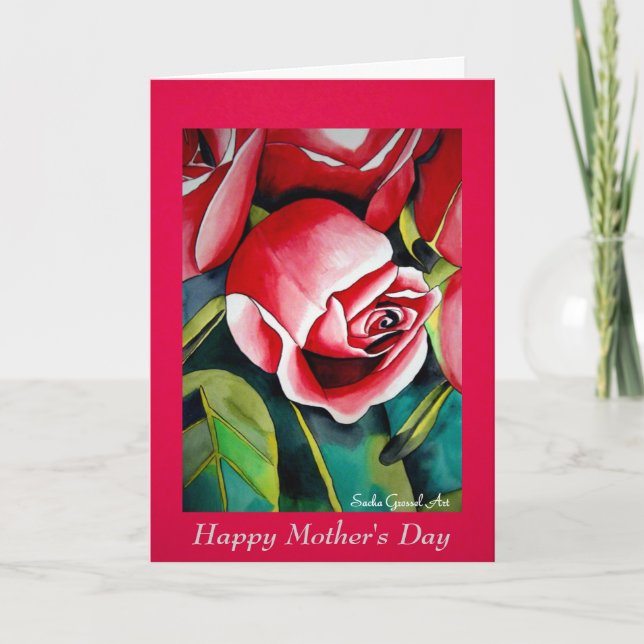 Cartão de arte do Dia das Mães com Rosa Rosa e poe (Frente)