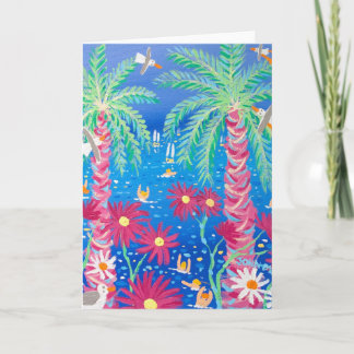 Cartão de Arte:Mar Azul Tropical e Palmas Rosa, Tr