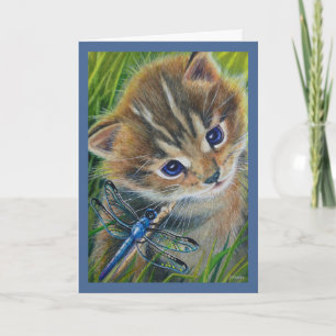 Cartão de Arte Marrom Tabby Kitten & Dragonfly