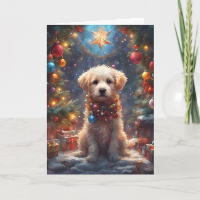 Cartão de Arte Puppy do Natal Labradoodle (Frente)