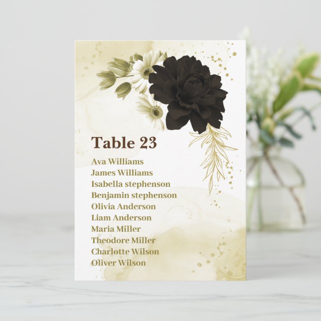 Cartão de assento de casamento floral dourado marf (Em pé/Frente)