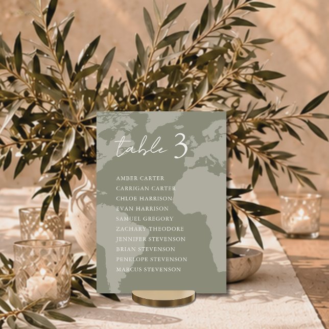 Cartão de Assento de Mesa de Casamento com Mapa Ve (Modern Minimalist Green Map Wedding Table Seating Chart Card with ivory typography and script)