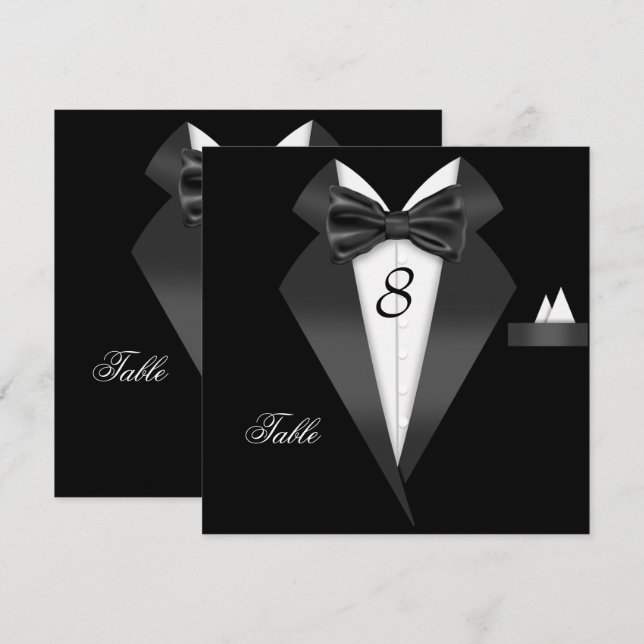 Cartão de Assento Número da Mesa Preto Tuxedo (Frente/Verso)