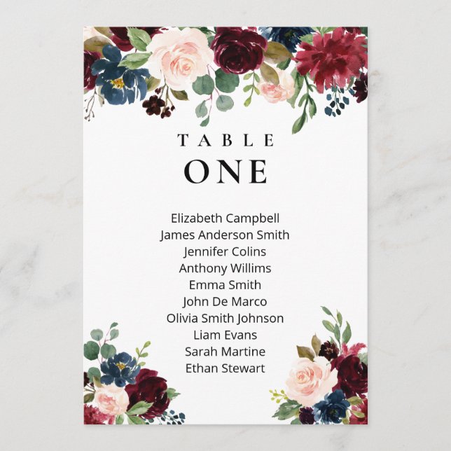 Cartão de assentos de casamento floral boho burgun (Frente)