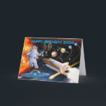 Cartão de Astronauta de Fora deste Mundo<br><div class="desc">Este cartão de aniversário único apresenta um foguete realista,  ufo,  estrelas e planetas sobre um fundo de céu noturno. Transforme uma foto em um Astronauta e personalize com seu texto.</div>