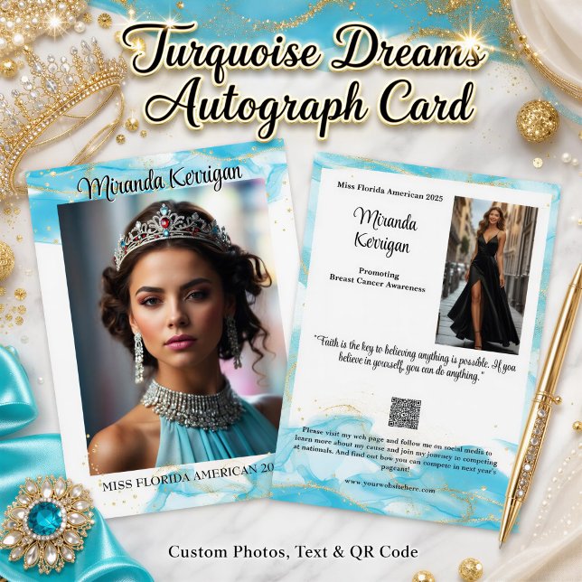 Cartão de Autógrafo de Concurso com Design de Bril (This autograph card features gold glitter and light blue watercolor accents with your photo and text)