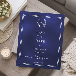 Cartão de aviso de casamento com monograma azul ma
