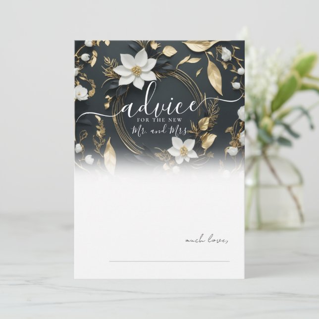 Cartão de Aviso de Casamento Dourado Floral Branco (Em pé/Frente)