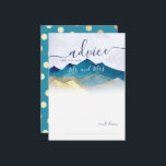 Cartão de Aviso de Casamento para Montanhas Dourad<br><div class="desc">Modelo do Cartão de Aconselhamento de Casamento Elegante Moderno Vintage - Verdes Azuis e Folhas de Ouro Azuis Montanhas de Aquarelas Paisagem Paisagista. Estas Designs Podem Ser Personalizadas Para A Sua Ocasião Especial E Seriam Perfeitas Para O Seu Casamento, Chá de panela, Festa de noivado, Festa de aniversário E Muitas...</div>