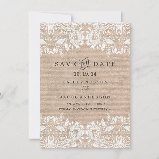 Cartão de aviso de data de Burlap & Lace (Frente)
