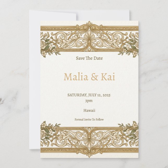 Cartão de aviso de data de casamento Ivory Gold Ba (Frente)