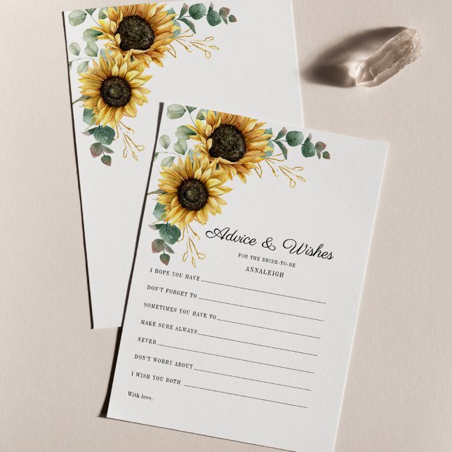 Cartão de Aviso para o Chá de panela de Girassol E (Floral Watercolor Sunflower Eucalyptus Greenery Wedding Wishes and Advice Card)