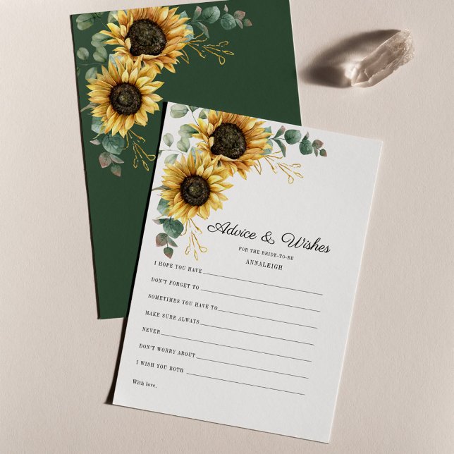 Cartão de Aviso para o Chá de panela de Girassol E (Floral Sunflower Greenery Wedding Couple Advice and Wishes Card)