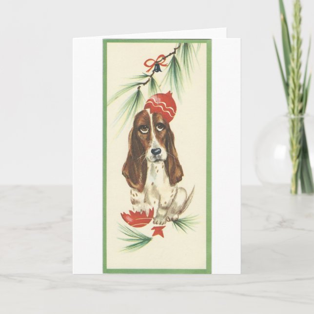 Cartão de Basset Hound do natal vintage (Frente)