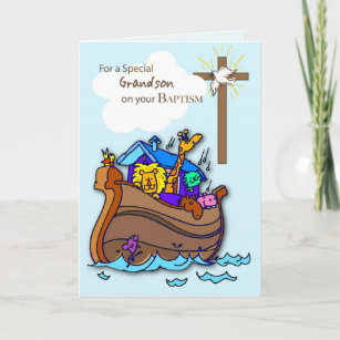 Cartão de Batismo do neto com a Arca de Noah, Azul