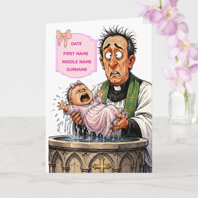 Cartão de Batismo Engraçado – Bebê Chorando (Orquídea)