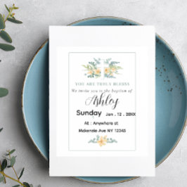 Cartão de Batismo minimalista com Cruz e Flores