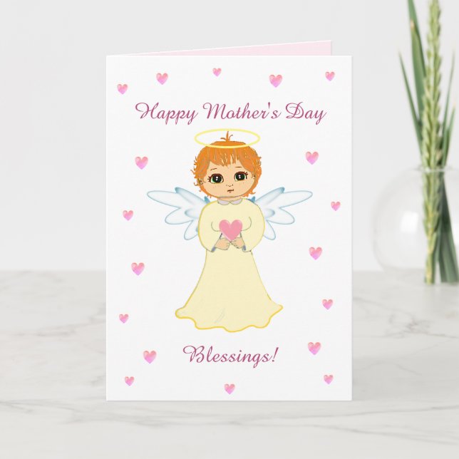 Cartão de Bênçãos do Anjo do Dia das Mães & Coraçõ (Frente)