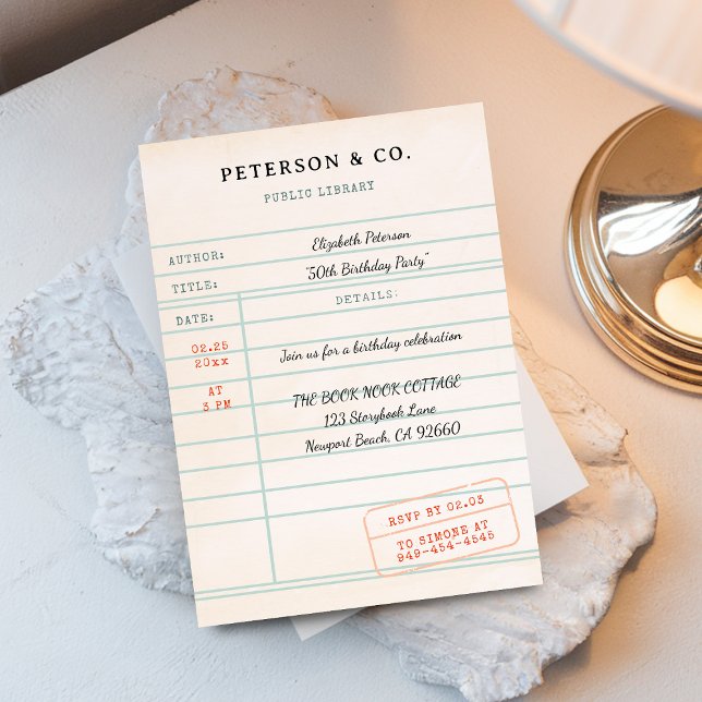 Cartão de Biblioteca Antigo Amante de Livros Anive (book lover birthday party invitation library card vintage bookworm literary librarian chic script)