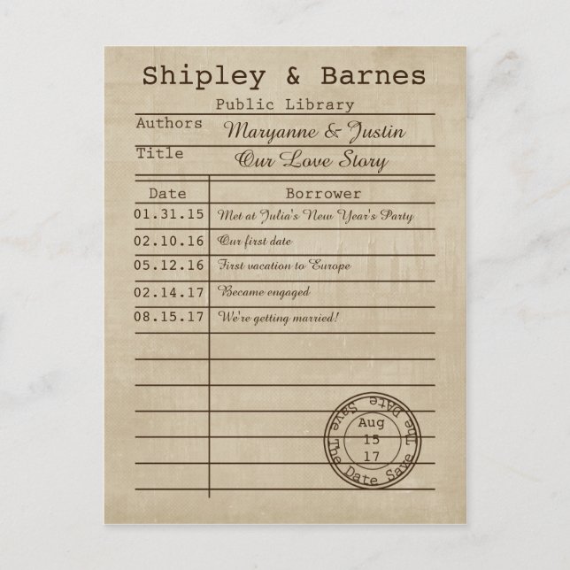 Cartão de Biblioteca Antigo Salve a Data (Frente)