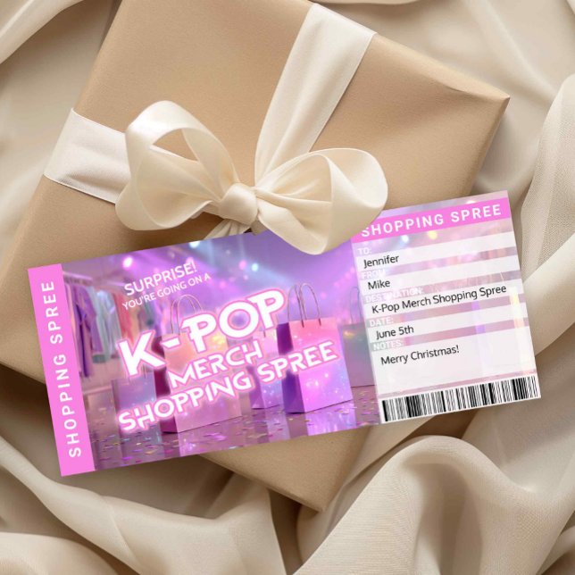 Cartão de Bilhete de Compra de Merchandise de K-Po (K-Pop Merch Shopping Spree Printable Ticket )