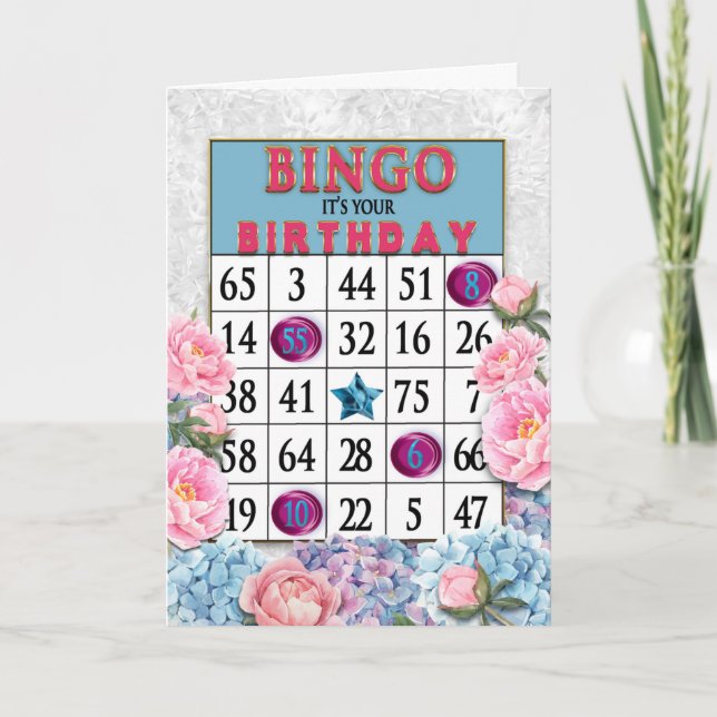 Cartão de Bingo de Aniversário e Flores Azuis Rosa (Frente)