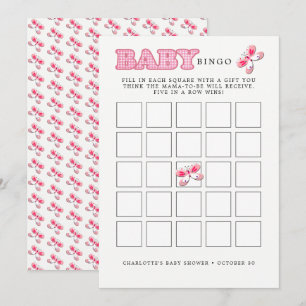 Cartão de Bingo de Bebê Rosa-Rosa-Borboleta chá
