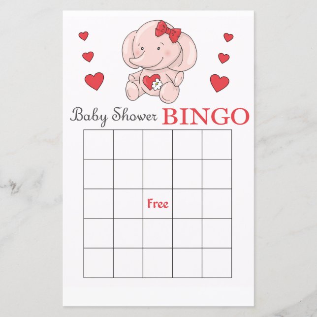 cartão de bingo de chá de bebê de elefante rosa (Frente)