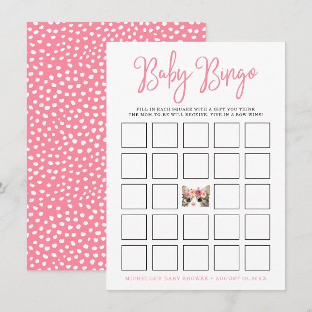Cartão de Bingo de Chá de Bebê Kitty Aquarela Doce (Frente/Verso)