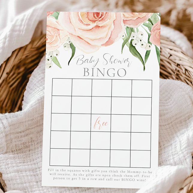 Cartão de Bingo de Chá de Bebê Menina com Rosa Ros (Criador carregado)