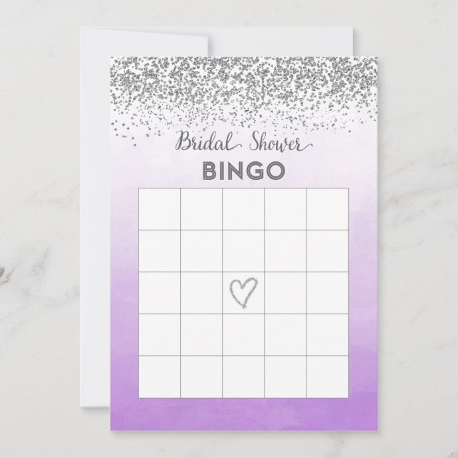 Cartão de Bingo de Chá de Noiva Roxo e Prata (Frente)