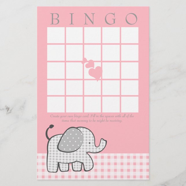 Cartão de Bingo Rosa Elefante Gingham (Frente)