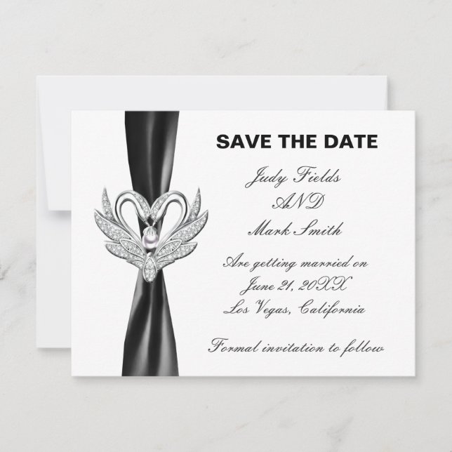 Cartão de Black Ribbon Silver Swans Save The Date (Frente)