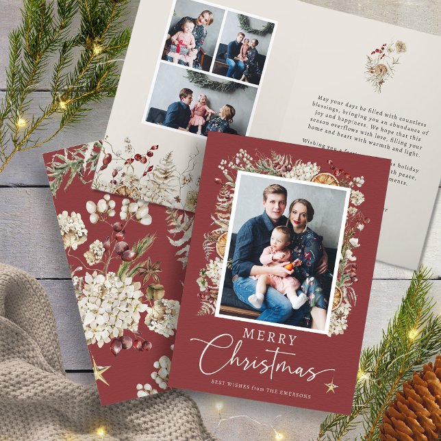 Cartão de Boas Festas Botânico Vermelho de Natal (Red Rustic Boho Botanical Christmas Greeting Card
)