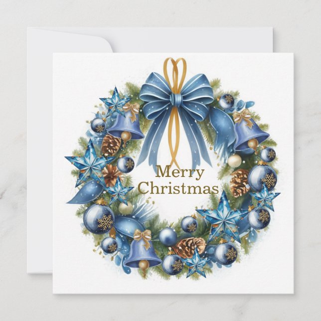 Cartão de Boas Festas com Coroa de Natal Azul e Do (Frente)