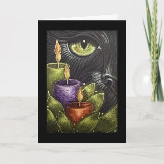 Cartão de Boas Festas de Gato Preto com Velas Dobr