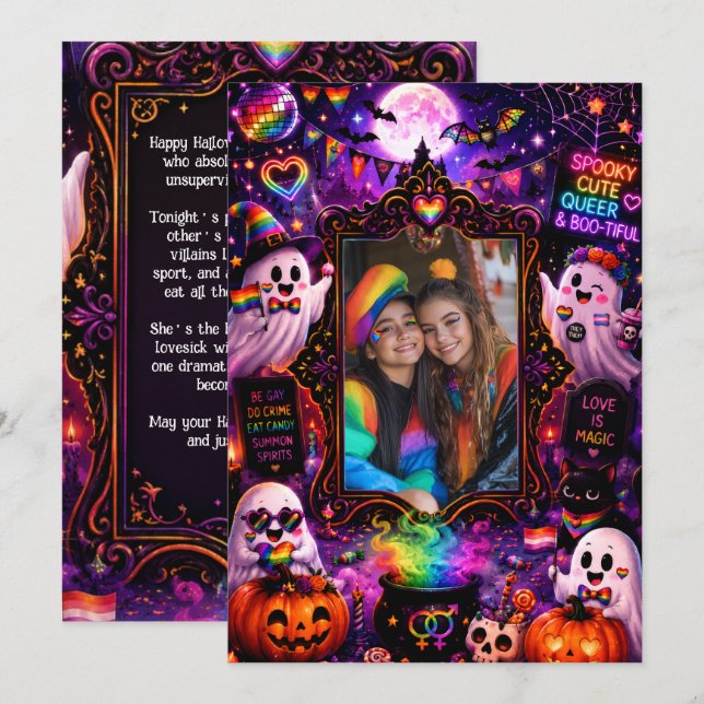 🎃🌈 Cartão de Boas Festas de Halloween LGBT com F (Frente/Verso)