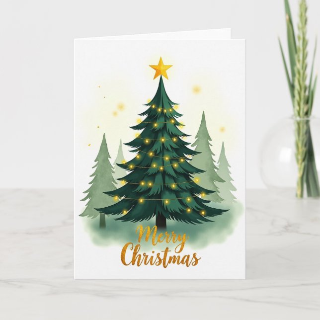 Cartão de Boas Festas de Natal com Árvore em Aquar (Frente)