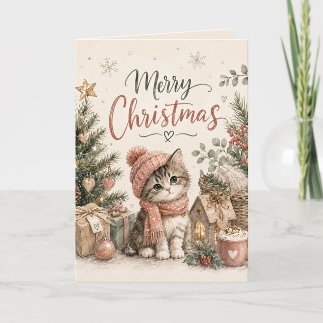 Cartão de Boas Festas de Natal com Gatinho Fofo (Frente)