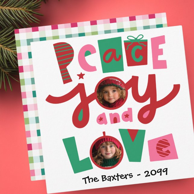 Cartão de Boas Festas Paz e Amor Rosa e Verde (Retro Pink and Green Peace and Love Christmas Greeting Card)