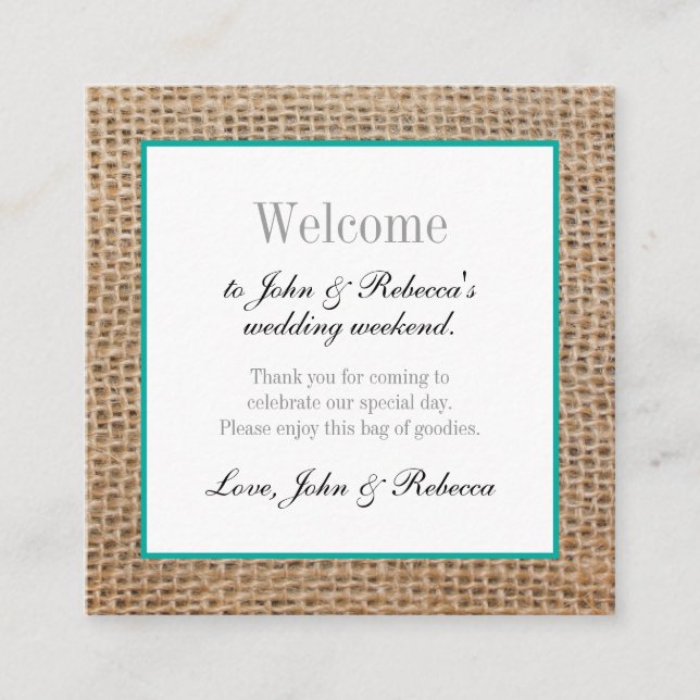 Cartão de Boas-Vindas Burlap & Teal Wedding (Frente)