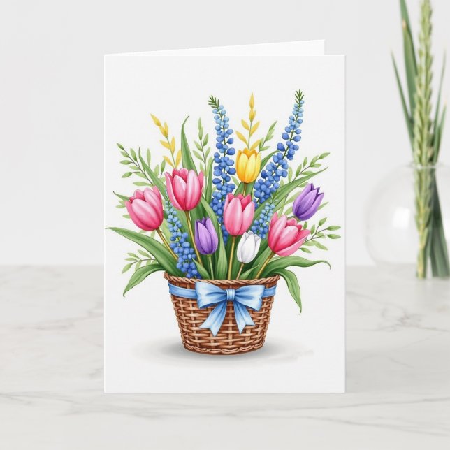 Cartão de Boas-Vindas com Cesta de Flores de Prima (Frente)