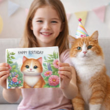 Cartão de Boas-Vindas com Gatinha e Flores da Neti