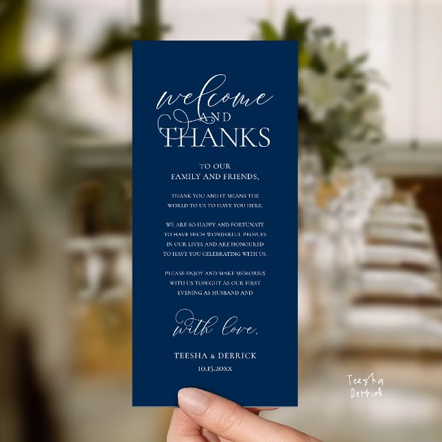 Cartão de Boas-Vindas e Agradecimento para Convida ("Welcome and Thanks" Classy Wedding Romantic Reception Guest Card in navy blue)