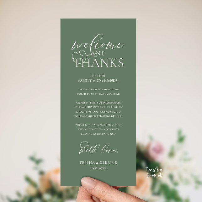 Cartão de Boas-Vindas e Agradecimento para Convida ("Welcome and Thanks" Classy Wedding Romantic Reception Guest Card in sage green)