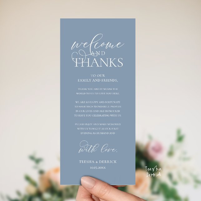 Cartão de Boas-Vindas e Agradecimento para Recepçã ("Welcome and Thanks" Classy Wedding Romantic Reception Guest Card in dusty blue)